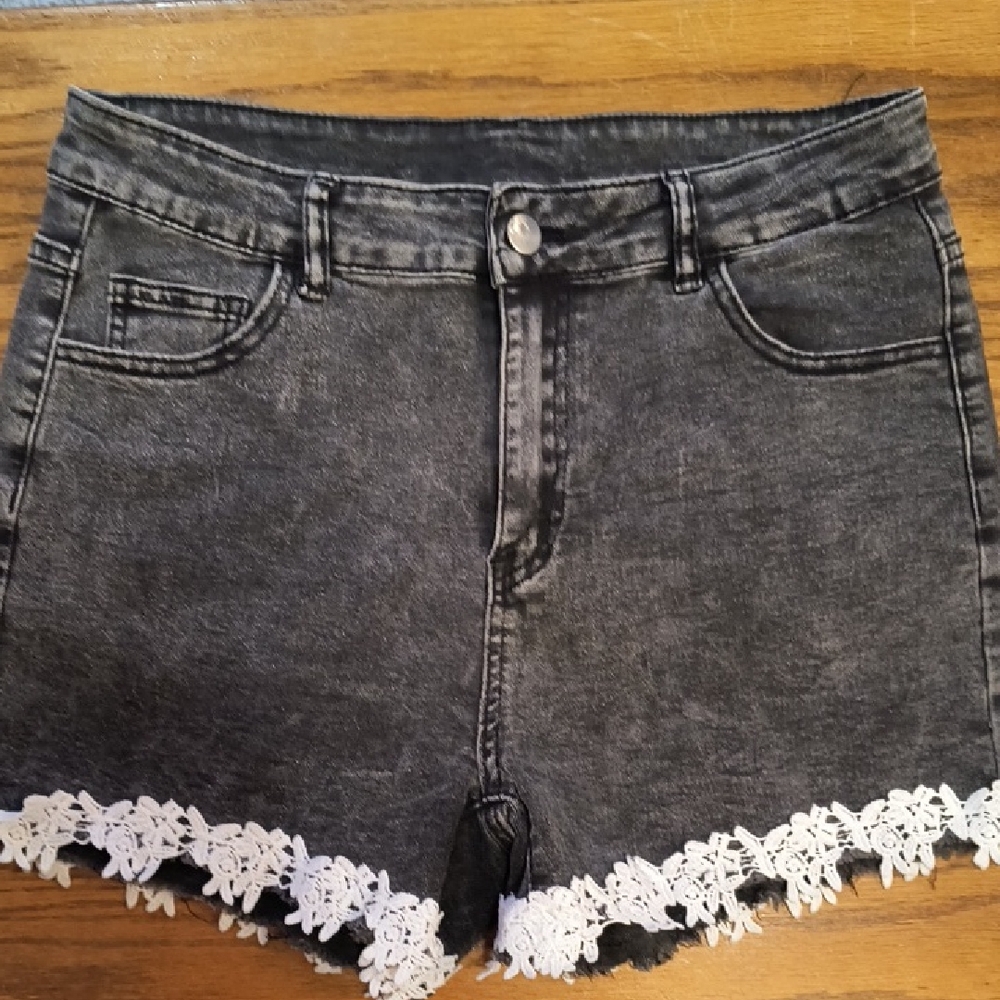 Never Worn Black Denim Shorts with Lace Detail XL (33" waist)